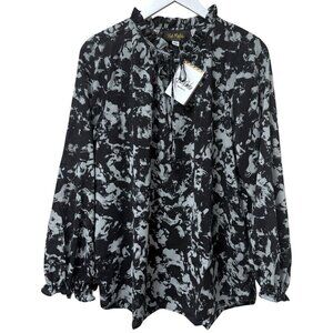 BOB MACKIE Blouse Large Black Artsy Print Tie Neck Long Sleeve Womens Top NWT